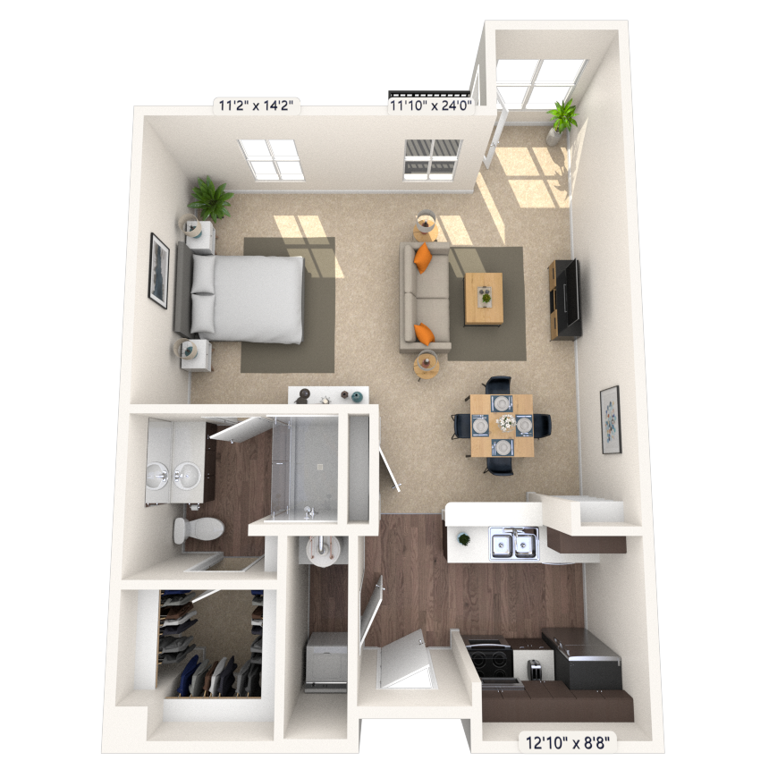 Floor plan for 1 bed, 1 bath, 730 sqft
